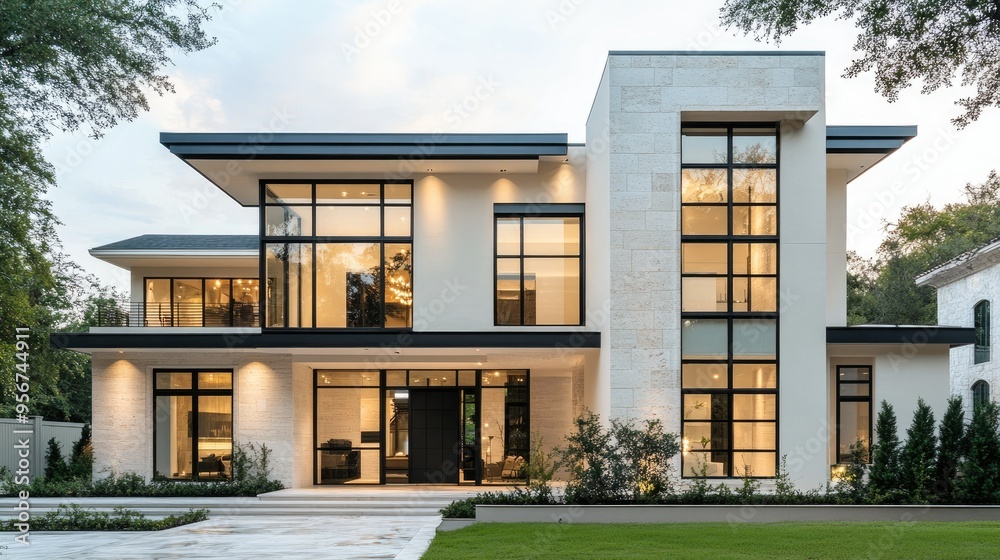 Fototapeta premium Two-story cream-colored house with modern architecture, black glass windows, and a stylish exterior, ideal for showcasing luxury real estate properties