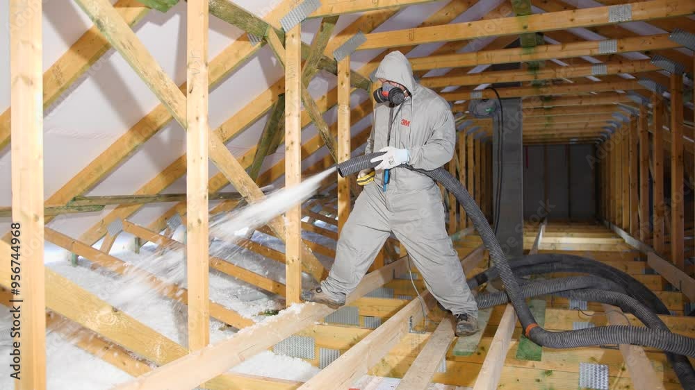 Man with a hose is spraying cellulose insulation in the attic of a house