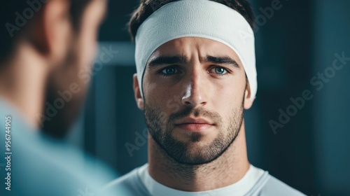 Professional Rugby Player Being Assessed for Concussion Injury on the Sports Field with Deep Depth of Field Focus photo