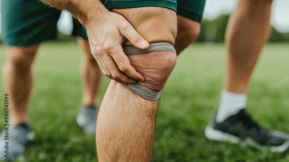 Image of an athlete with a torn hamstring muscle being assisted by their teammates on a sports field or court Image of an athlete with a torn hamstring muscle being assisted by their teammates on a sports field or court