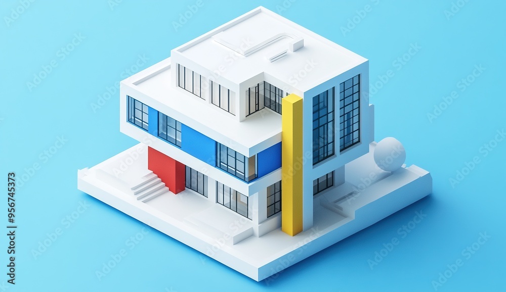 An isometric illustration of white buildings with blue, yellow, and red accents