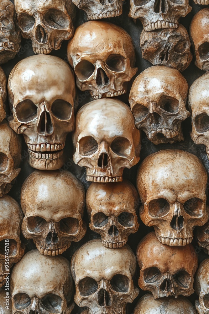 Illustration with creepy human and animal skulls. Pattern for wallpaper, fabric, textile. Background of painted animal and human bones. Illustration with creepy human and animal skulls. Pattern for wallpaper, fabric, textile. Background of painted animal and human bones.