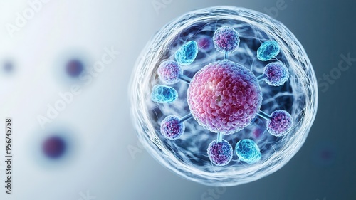 Stylized diagram of a cell s nucleus showing the nucleolus and surrounding organelles, educational content, cell biology photo