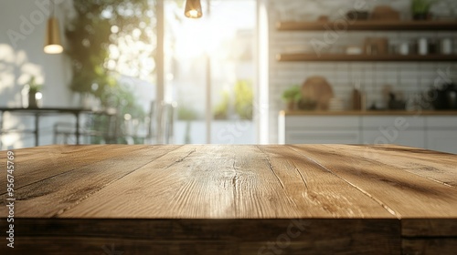 Wooden kitchen table with a blurred white interior and bokeh lighting. Ideal for dining setups, product placement, or as a backdrop for food visuals.