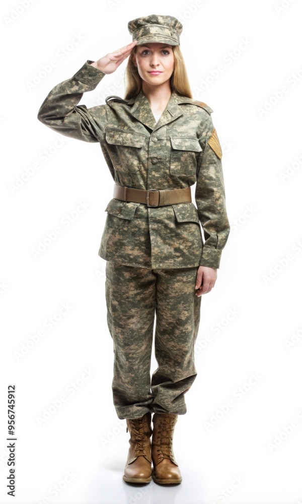 A woman soldier saluting in a military uniform on the white background A woman soldier saluting in a military uniform on the white background