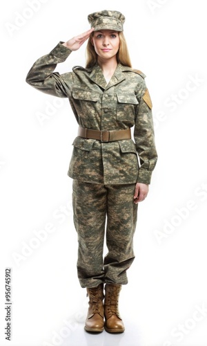 A woman soldier saluting in a military uniform on the white background 