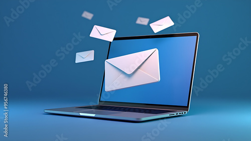 3d render of laptop with flying envelopes and letter, illustrating the concept of email marketing. photo