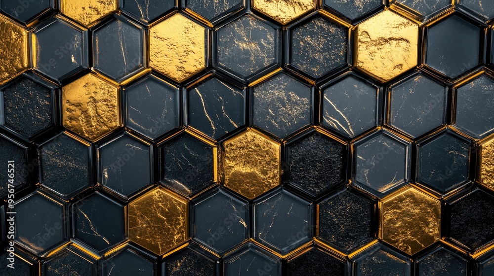 Honeycomb mosaic pattern in black and gold, with glass and metal textures, perfect for an elegant, modern design. Honeycomb mosaic pattern in black and gold, with glass and metal textures, perfect for an elegant, modern design.