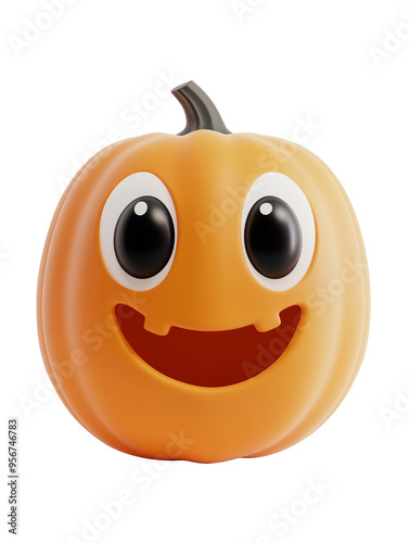 3D smiling pumpkin character with large eyes on a black background. Halloween-themed digital illustration. Design for greeting card, poster, or sticker, PNG format.