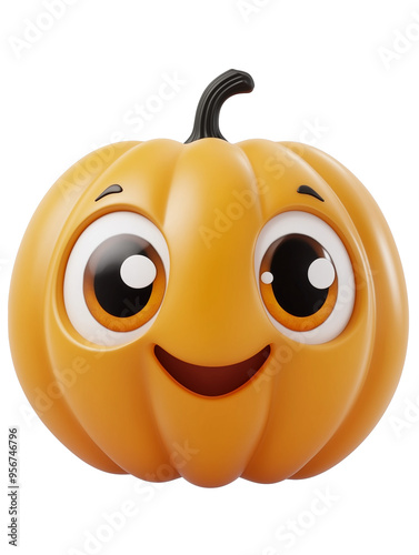 3D pumpkin character with big eyes and a smile on a white background. Halloween-themed digital illustration. Design for greeting card, poster, or sticker, PNG format.
