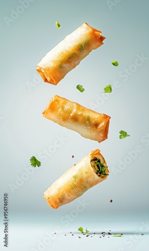 Close-Up: Crispy Spring Roll with Delicious Filling in Motion - Food Photography photo