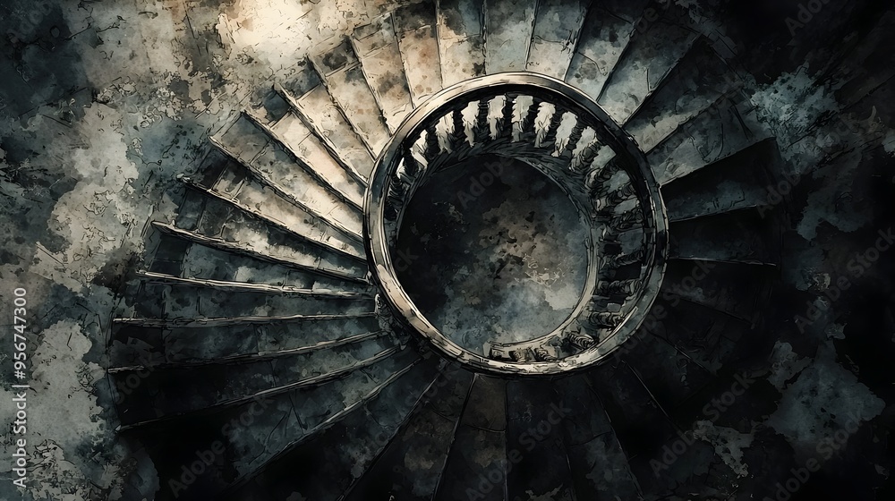 Fototapeta premium Spiraling Gothic Staircase in Dramatic Watercolor Style