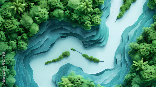 real sky blue River in Shape intestines in Green Jungle Forest top view in paper cut style