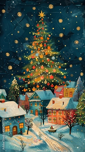 Snow village illustration poster background