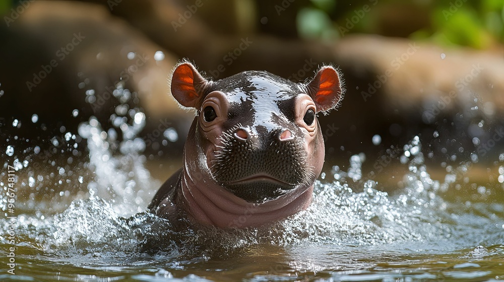 Baby Hippopotamus Emerging from Water with Splashing