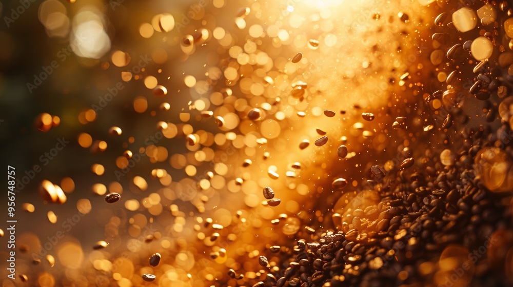 the cascading coffee beans are frozen in mid-air, each one suspended in a moment of graceful descent, as the warm, golden light bathes the scene the cascading coffee beans are frozen in mid-air, each one suspended in a moment of graceful descent, as the warm, golden light bathes the scene