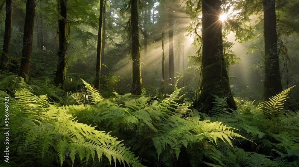 Sunrise View in Forest with Lush Trees and Ferns. Generative AI Sunrise View in Forest with Lush Trees and Ferns. Generative AI
