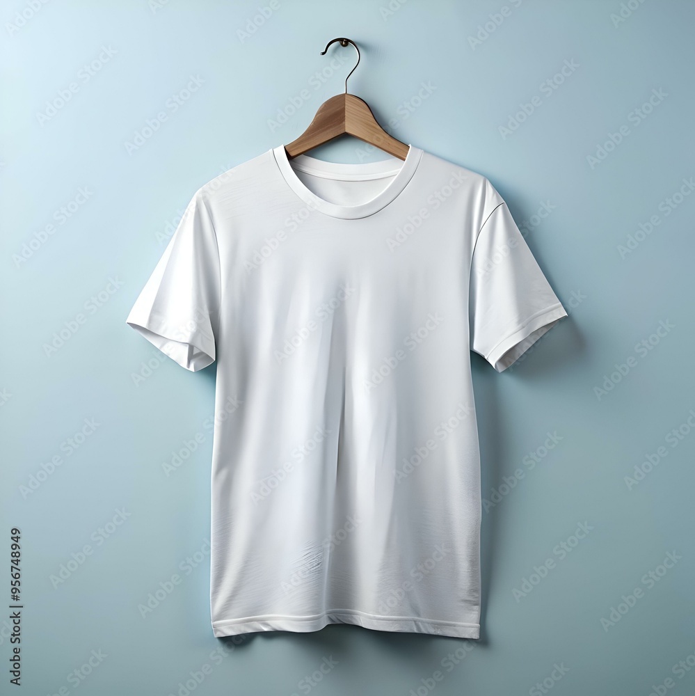 A crisp white t shirt hangs on a wooden hanger against a soft blue background. A crisp white t shirt hangs on a wooden hanger against a soft blue background.