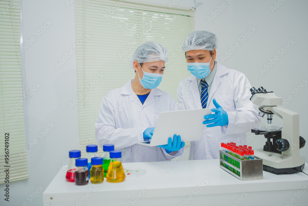 In this chemical experiment, two researchers collaborate to mix reactants, carefully observe changes such as color shifts or gas production, and analyze results, demonstrating principles of chemistry In this chemical experiment, two researchers collaborate to mix reactants, carefully observe changes such as color shifts or gas production, and analyze results, demonstrating principles of chemistry