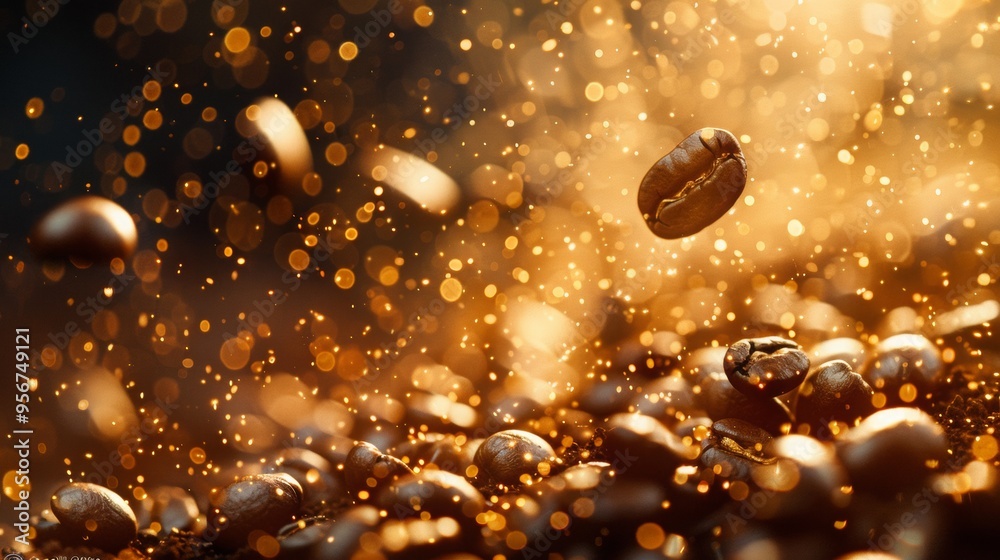 the cascading coffee beans are frozen in mid-air, each one suspended in a moment of graceful descent, as the warm, golden light bathes the scene the cascading coffee beans are frozen in mid-air, each one suspended in a moment of graceful descent, as the warm, golden light bathes the scene