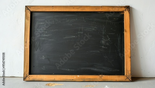 Blackboard with a wooden frame on a white wall background, a mockup template for a school or office in a minimalistic style