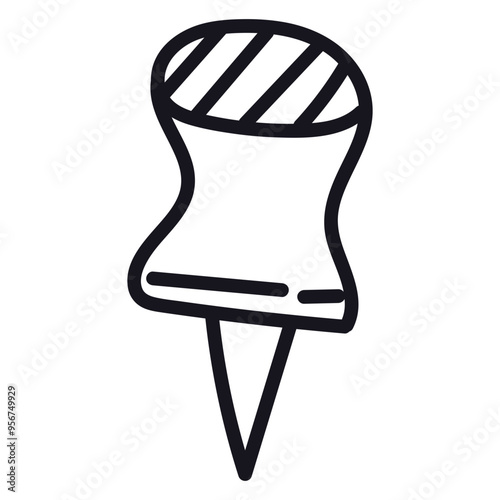 Cute doodle push pin with  top and needle. Thumbtack, pointer, fixation button head for attaching paper to notice and cork board. Hand drawn office and school stationery outline clipart.