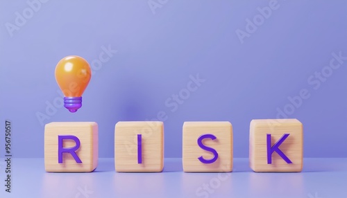 A creative concept illustrating the idea of risk with wooden blocks and a light bulb, symbolizing innovation and caution.