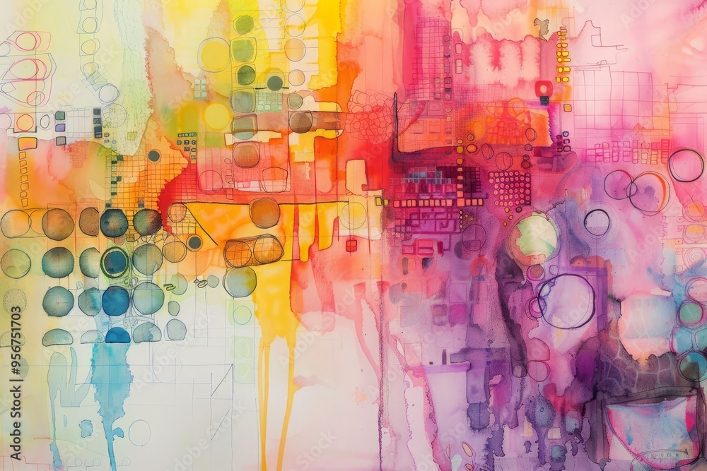 bright Abstract watercolor drawing on a paper image, camera positioned perpendicular to the paper, capturing the entire artwork bright Abstract watercolor drawing on a paper image, camera positioned perpendicular to the paper, capturing the entire artwork