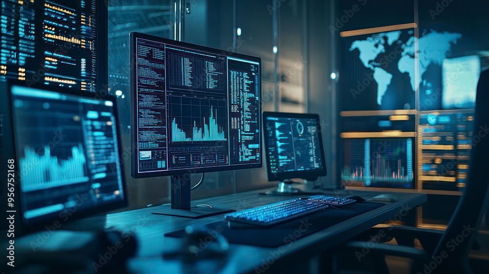 Multiple computer monitors displaying financial data in a dark office Multiple computer monitors displaying financial data in a dark office