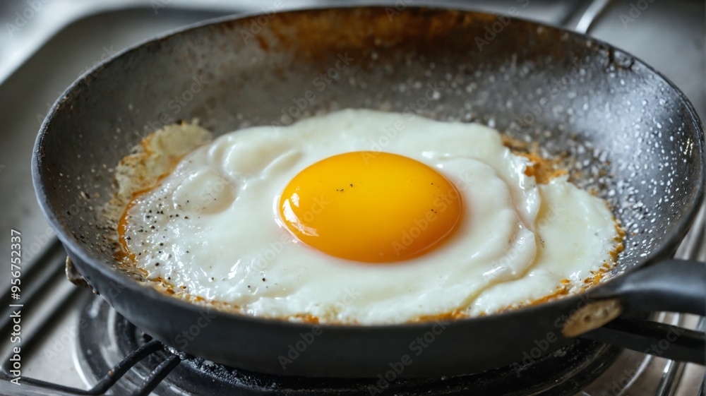 Frying pan gas stove is black has handle 1-shot fried egg Frying pan gas stove is black has handle 1-shot fried egg