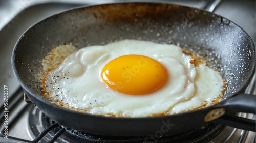 Frying pan gas stove is black has handle 1-shot fried egg