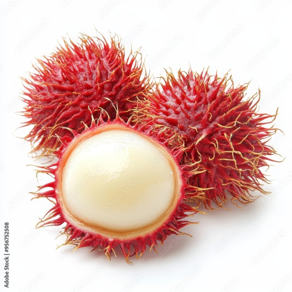 Fresh rambutan fruit on a white background showcasing its vibrant red skin and juicy flesh Fresh rambutan fruit on a white background showcasing its vibrant red skin and juicy flesh