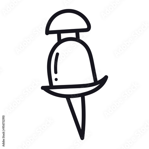 Cute doodle push pin with  top and needle. Thumbtack, pointer, fixation button head for attaching paper to notice and cork board. Hand drawn office and school stationery outline clipart.