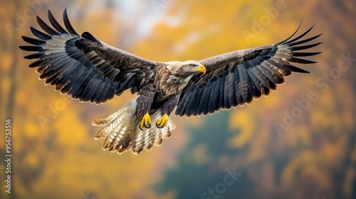 White Tailed Eagle (Haliaeetus albicilla) in flight. Also known as the ern, erne, gray eagle, Eurasian sea eagle and white-tailed sea-eagle. Wings Spread. Poland, Europe. Birds of prey. photo