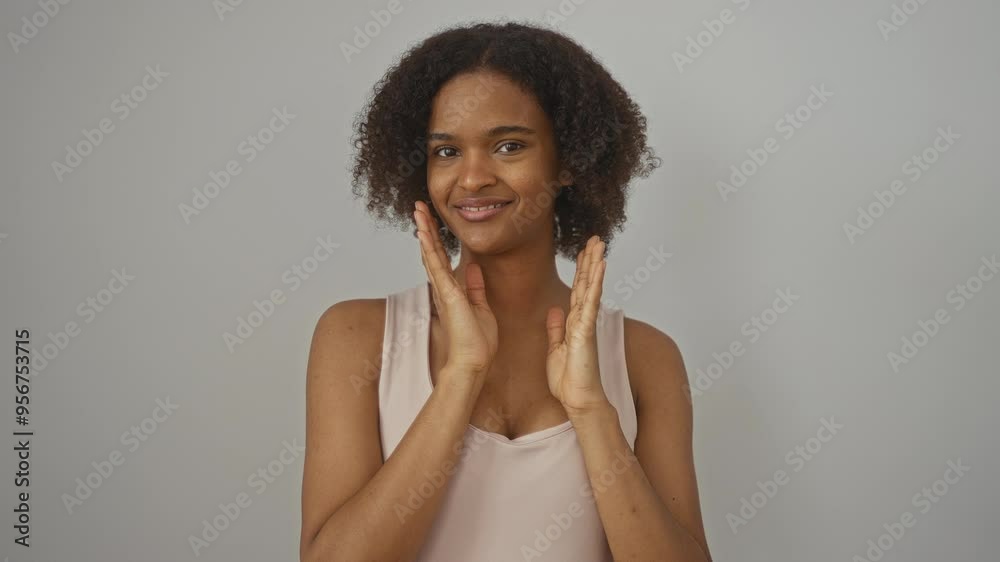 Beautiful young african american woman with curly hair wearing a pink tank top over an isolated white background Beautiful young african american woman with curly hair wearing a pink tank top over an isolated white background