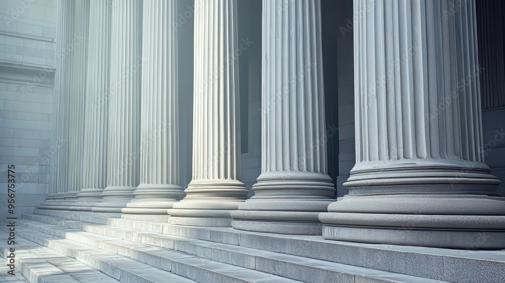 Classical pillars and stairs in a building facade. Stone colonnade row architecture detail Classical pillars and stairs in a building facade. Stone colonnade row architecture detail