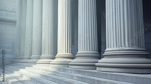 Classical pillars and stairs in a building facade. Stone colonnade row architecture detail 