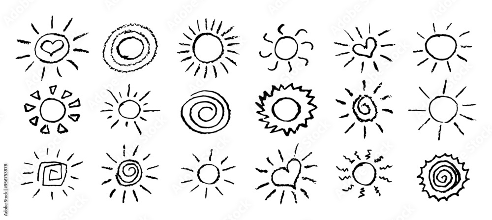 Set of fun like kid drawing black sun. Collection painted with pastel crayons or wax pencil sunny icons. Summer sky symbols. Rough chalk texture vector illustration in children style. Design elements. Set of fun like kid drawing black sun. Collection painted with pastel crayons or wax pencil sunny icons. Summer sky symbols. Rough chalk texture vector illustration in children style. Design elements.