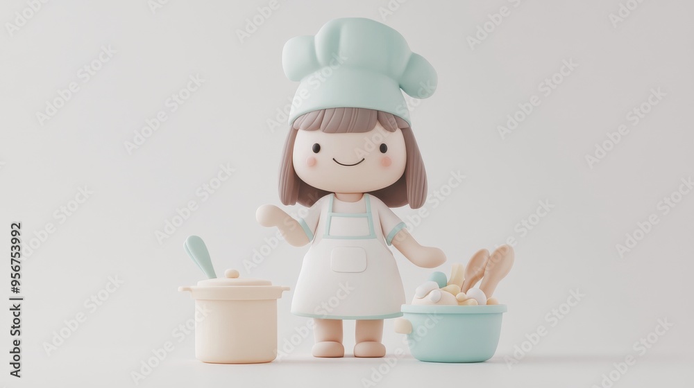 Cute Cartoon Chef Girl with Cooking Utensils and Pots. Cute Cartoon Chef Girl with Cooking Utensils and Pots.