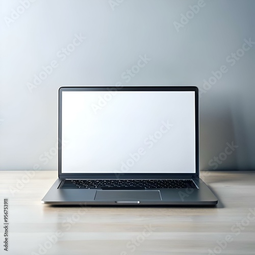 Modern laptop with blank screen on wooden desk.