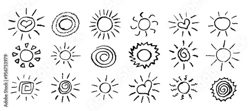 Set of fun like kid drawing black sun. Collection painted with pastel crayons or wax pencil sunny icons. Summer sky symbols. Rough chalk texture vector illustration in children style. Design elements.