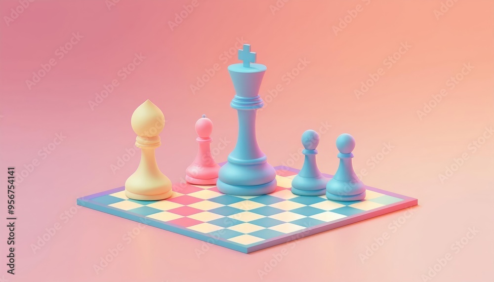 A vibrant and colorful chess set featuring pastel pieces on a stylish checkerboard, perfect for games and strategy sessions.