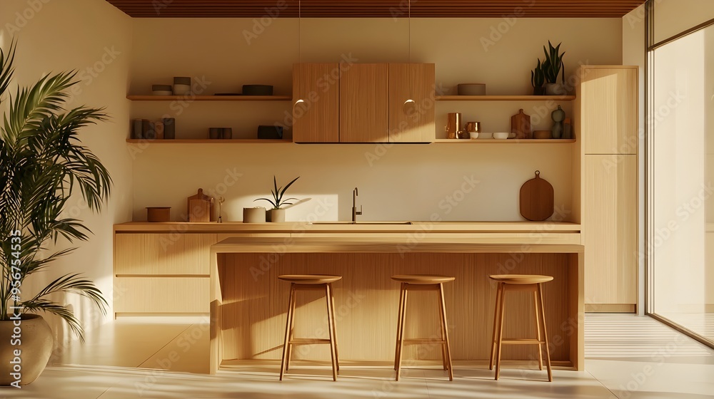 Fototapeta premium Minimalist Kitchen Design with Warm Wooden Accents and Clean Organized Atmosphere