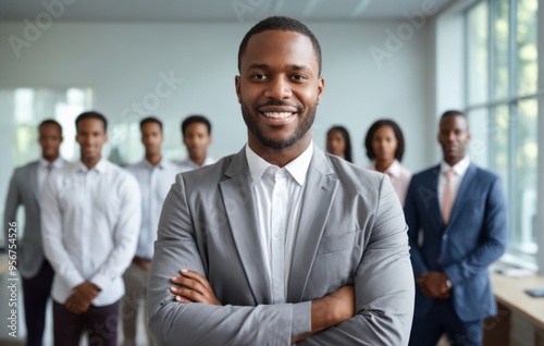 Young African-American man standing office his arms crossed Smil