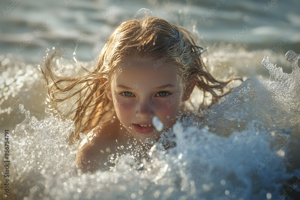 Young girl with long blonde hair swimming in the ocean. Young girl with long blonde hair swimming in the ocean.