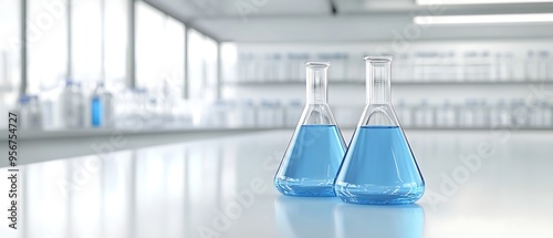 Close-up of lab flasks with blue liquid, minimalistic modern lab setting