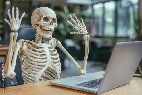 A skeleton enthusiastically greets the world from an office desk in a modern workspace photo