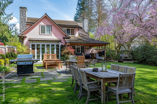 Springtime outdoor dining area with grill and table beside pink house, large green lawn, and blooming trees in suburban Pacific Northwest.
