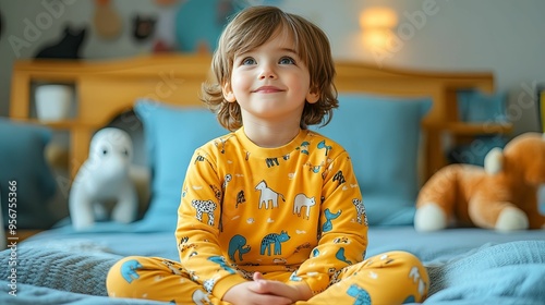 A Young Child in Yellow Pajamas with Animal Prints Sitting on a Bed