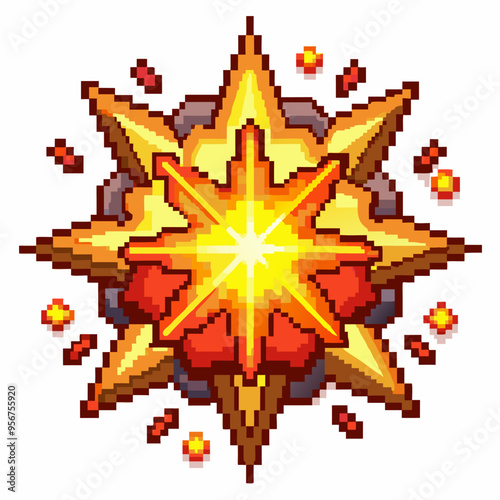 Vibrant Pixelated Explosion Graphic Illustration with Retro Style Starburst Effect